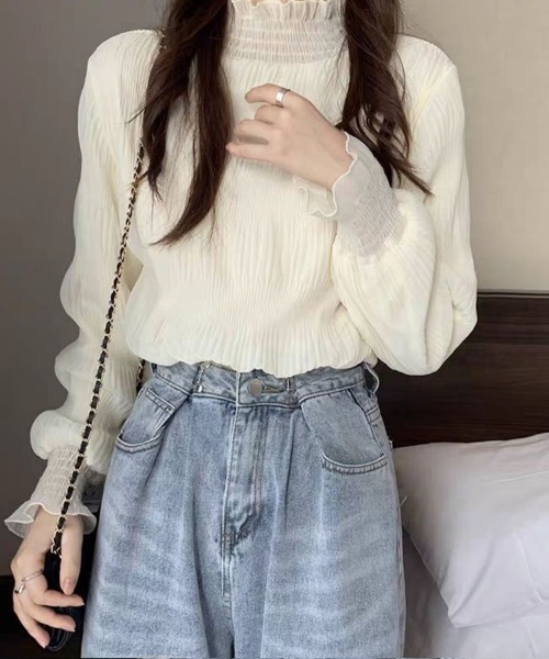 mielu（ミエル）の「フリルハイネックトップス（Tシャツ/カットソー・レディース・ブラック/ホワイト・MEDIUM/LARGE）」の10枚目の写真