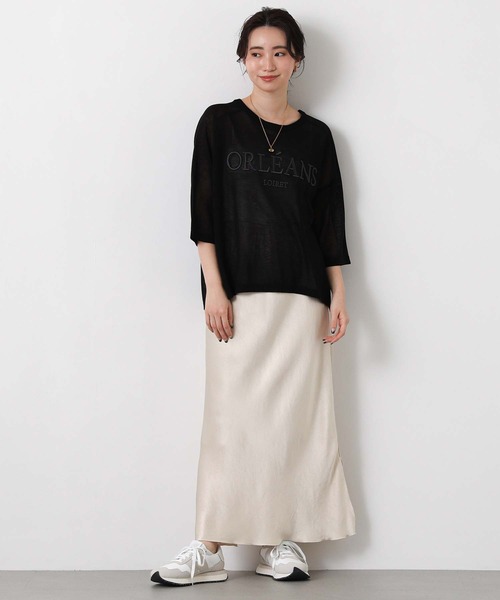 Gready Brilliant(グレディブリリアン)の「シアー刺繍ロゴ7分袖ニット(ニット/セーター・レディース・ブラック/ベージュ・FREE)」の3枚目の写真