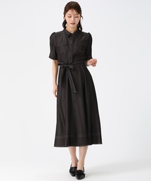 2026春夏新作 ステッチ配色パフスリーブシャツワンピース
