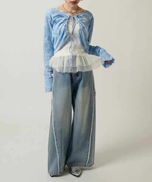w closet（ダブルクローゼット）の「【カップ付き/3色展開】チュールフリルキャミ 夏服（キャミソール・レディース・ブラック/オフホワイト/ブルー・FREE）」の14枚目の写真