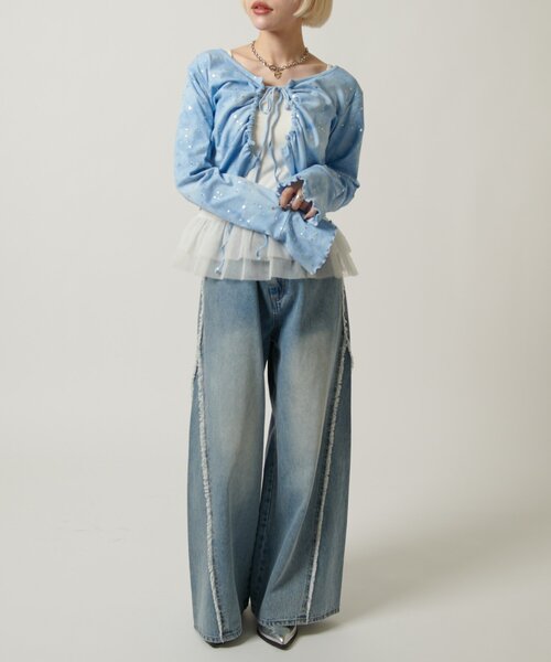 w closet（ダブルクローゼット）の「【カップ付き/3色展開】チュールフリルキャミ 夏服（キャミソール・レディース・ブラック/オフホワイト/ブルー・FREE）」の18枚目の写真