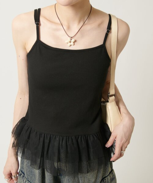 w closet（ダブルクローゼット）の「【カップ付き/3色展開】チュールフリルキャミ 夏服（キャミソール・レディース・ブラック/オフホワイト/ブルー・FREE）」の20枚目の写真