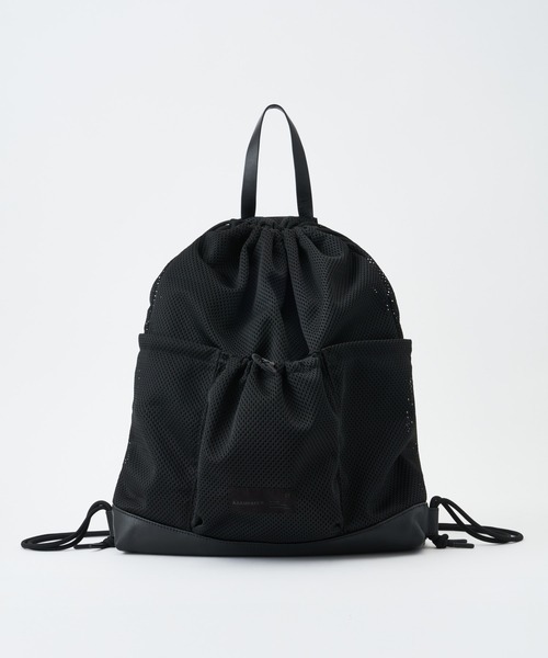 ADAM PATEK(アダムパテック)の「【ADAM PATEK】Leather trimmed mesh drawstring bag(バックパック/リュック・メンズ・ブラック・FREE)」の1枚目の写真