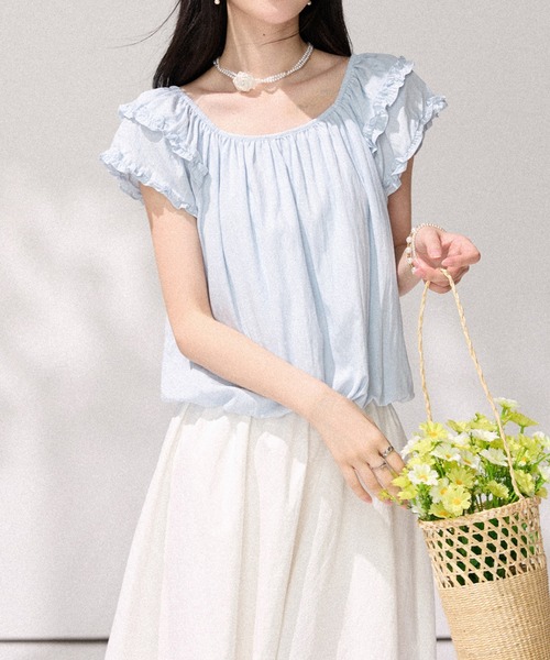 LUCPY(ラクピー)の「フリルショルダーギャザーブラウス(シャツ/ブラウス・レディース・ブルー・MEDIUM/SMALL/X-LARGE/LARGE)」の2枚目の写真