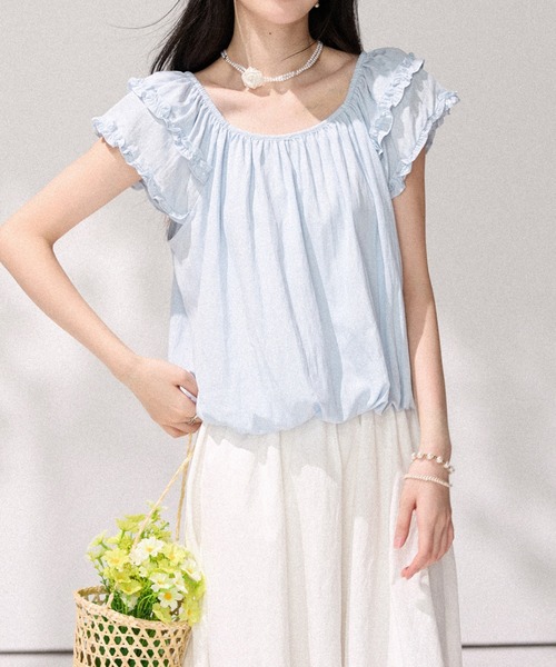 LUCPY(ラクピー)の「フリルショルダーギャザーブラウス(シャツ/ブラウス・レディース・ブルー・MEDIUM/SMALL/X-LARGE/LARGE)」の3枚目の写真