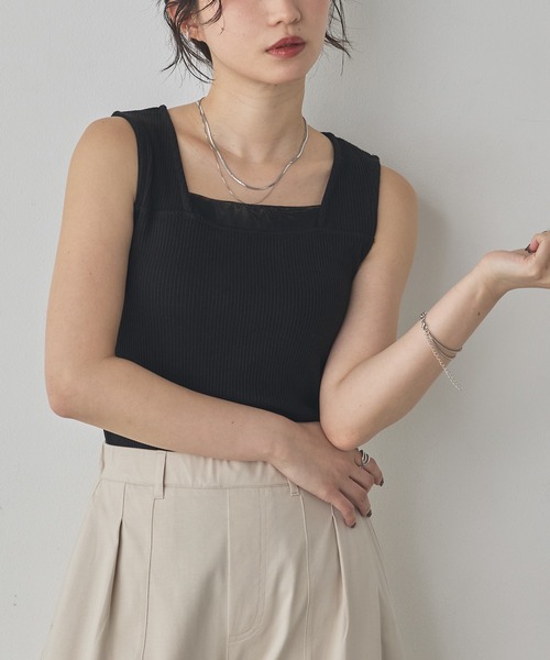 hunch（ハンチ）の「ランダムリブ チュールタンクトップ（タンクトップ・レディース・杢グレー/ブラック/オフホワイト/ブラウン・FREE）」の2枚目の写真