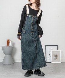 デニムマキシ丈ジャンスカ ジャンバースカート Aライン ロング丈