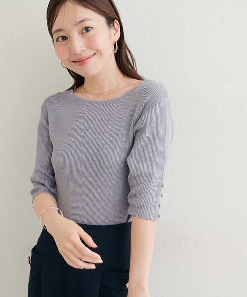 natural couture(ナチュラルクチュール)の「ラメリブ5分袖ニット(ニット/セーター・レディース・オフホワイト/グレー/ピンク/サックスブルー/パープル・FREE)」の3枚目の写真