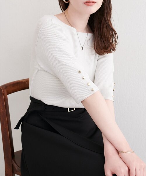 natural couture(ナチュラルクチュール)の「ラメリブ5分袖ニット(ニット/セーター・レディース・オフホワイト/グレー/ピンク/サックスブルー/パープル・FREE)」の2枚目の写真