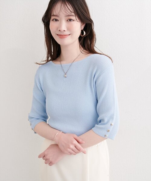 natural couture(ナチュラルクチュール)の「ラメリブ5分袖ニット(ニット/セーター・レディース・オフホワイト/グレー/ピンク/サックスブルー/パープル・FREE)」の13枚目の写真