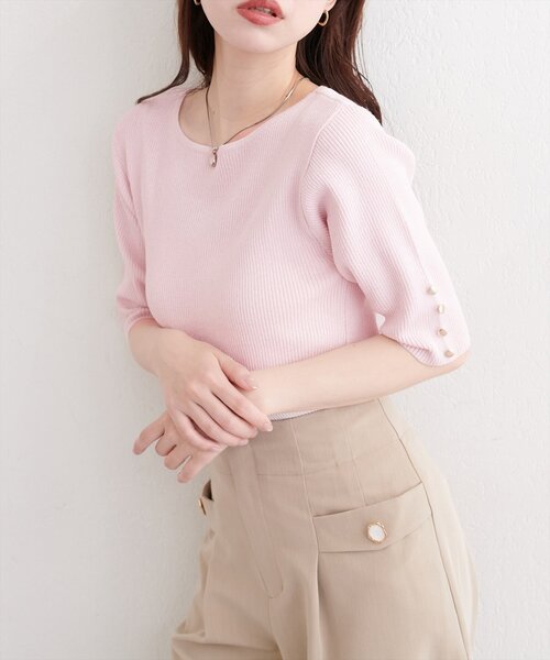 natural couture(ナチュラルクチュール)の「ラメリブ5分袖ニット(ニット/セーター・レディース・オフホワイト/グレー/ピンク/サックスブルー/パープル・FREE)」の9枚目の写真