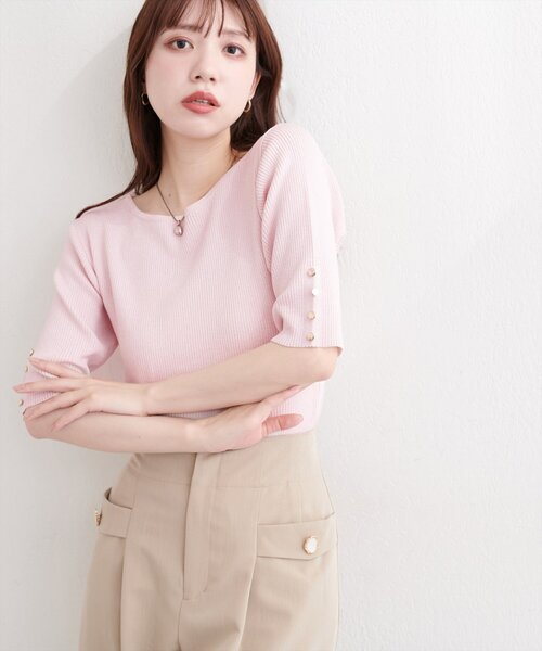 natural couture(ナチュラルクチュール)の「ラメリブ5分袖ニット(ニット/セーター・レディース・オフホワイト/グレー/ピンク/サックスブルー/パープル・FREE)」の8枚目の写真