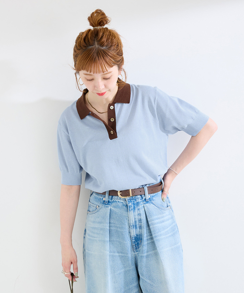 B.C STOCK(ベーセーストック)の「手洗い可 / バイカラー襟付きプルオーバー(ニット/セーター・レディース・サックスブルー/チャコールグレー・FREE)」の11枚目の写真