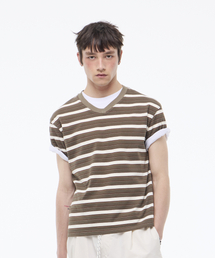 LEARVE（ルアブ）の「レイヤーストライプVネックTシャツアイボリー（Tシャツ/カットソー）」