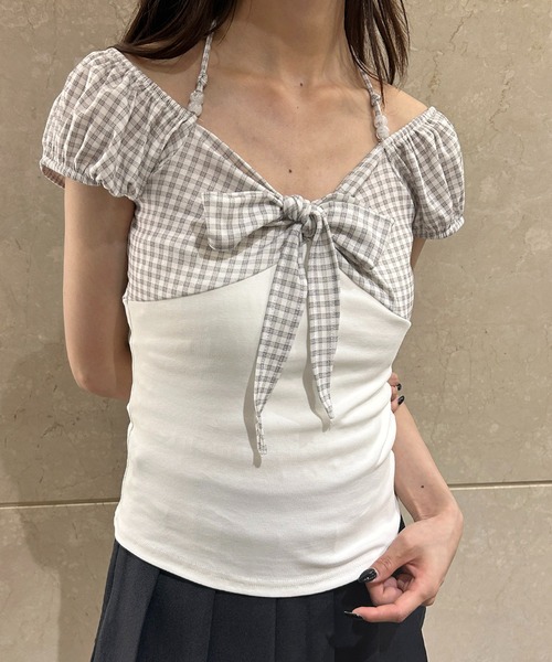 PHILLY(フィリー)の「チェック切替プチパフスリーブトップス(Tシャツ/カットソー・レディース・ホワイト/グレー・FREE)」の13枚目の写真