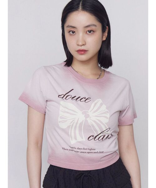 EMODA(エモダ)の「リボンプリントTシャツ(Tシャツ/カットソー・レディース・グレー/ピンク/ブラック・FREE)」の1枚目の写真