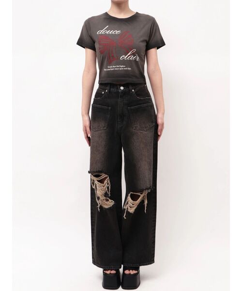 EMODA（エモダ）の「リボンプリントTシャツ（Tシャツ/カットソー・レディース・グレー/ピンク/ブラック・FREE）」の10枚目の写真