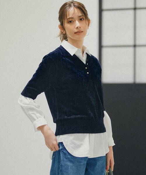 23区(ニジュウサンク)の「ベロアモール ポロ ニット(ニット/セーター・レディース・ライトオレンジ系/ネイビー系/ベージュ系・38)」の1枚目の写真