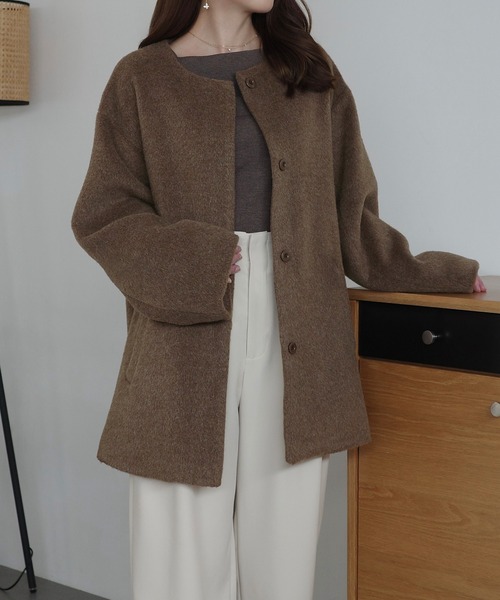 CENEA(セネア)の「ノーカラーシャギーミドルコート(ノーカラーコート・レディース・ダークグレー/ブラウン/ブラック・LARGE/X-LARGE/MEDIUM/SMALL)」の10枚目の写真