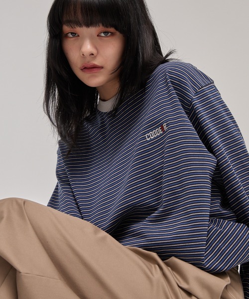 CODDERR(コーダー)の「【CODDERR】ロゴ刺繍 ドローコード 配色 マルチボーダーロンT(Tシャツ/カットソー・メンズ・ブラック/レッド/ブラウン/ネイビー/オフホワイト・M/L)」の4枚目の写真