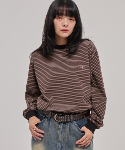 CODDERR(コーダー)の「【CODDERR】ロゴ刺繍 ドローコード 配色 マルチボーダーロンT(Tシャツ/カットソー・メンズ・ブラック/レッド/ブラウン/ネイビー/オフホワイト・M/L)」の3枚目の写真