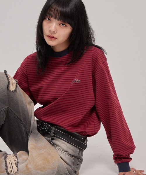 CODDERR(コーダー)の「【CODDERR】ロゴ刺繍 ドローコード 配色 マルチボーダーロンT(Tシャツ/カットソー・メンズ・ブラック/レッド/ブラウン/ネイビー/オフホワイト・M/L)」の5枚目の写真