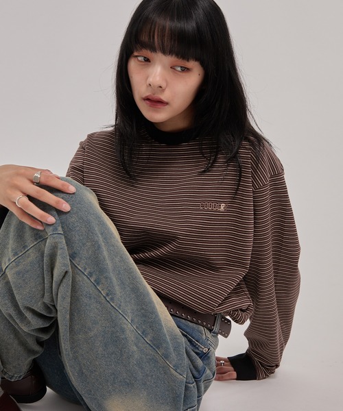 CODDERR(コーダー)の「【CODDERR】ロゴ刺繍 ドローコード 配色 マルチボーダーロンT(Tシャツ/カットソー・メンズ・ブラック/レッド/ブラウン/ネイビー/オフホワイト・M/L)」の7枚目の写真