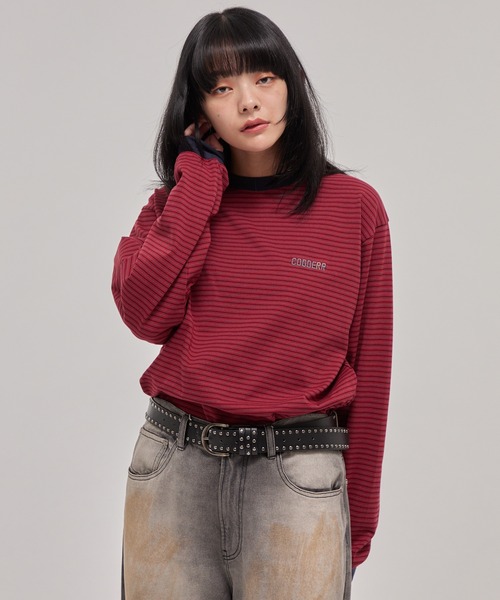 CODDERR(コーダー)の「【CODDERR】ロゴ刺繍 ドローコード 配色 マルチボーダーロンT(Tシャツ/カットソー・メンズ・ブラック/レッド/ブラウン/ネイビー/オフホワイト・M/L)」の15枚目の写真