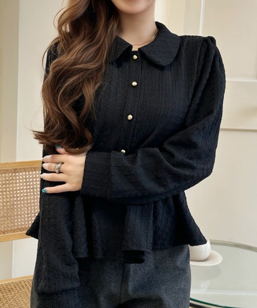 Ada.（エイダ）の「ふくれジャガード 丸襟 ペプラム シアーシャツブラウス（シャツ/ブラウス・レディース・ブラック/ブラウン/アイボリー・FREE）」の6枚目の写真