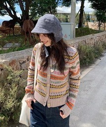 26aw マルチカラーノルディック柄コンパクトニットカーディガン