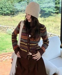 26aw マルチカラーノルディック柄コンパクトニットカーディガン