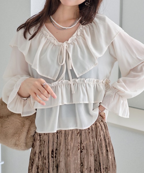 Rejoule(リジュール)の「マルチWAY ラッフルフリルギャザーブラウス(シャツ/ブラウス・レディース・ブラック/モカ/アイボリー/ブラウン・FREE)」の2枚目の写真