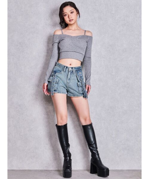 GYDA（ジェイダ）の「ハイウエストEYELET STRAP CARGOショートパンツ（デニムパンツ・レディース・ブルー/ライトブルー/その他1・SMALL/MEDIUM）」の7枚目の写真
