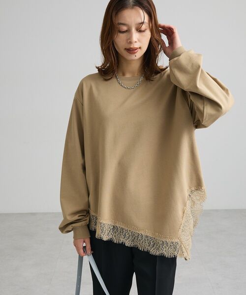 Green Parks(グリーンパークス)の「レースドッキング裏毛プルオーバー(Tシャツ/カットソー・レディース・ベージュ/杢グレー/ブラック・FREE)」の3枚目の写真