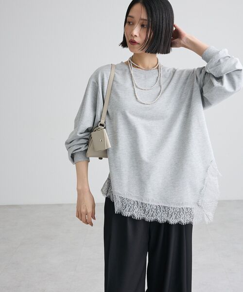 Green Parks(グリーンパークス)の「レースドッキング裏毛プルオーバー(Tシャツ/カットソー・レディース・ベージュ/杢グレー/ブラック・FREE)」の9枚目の写真