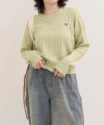 FR刺しゅうケーブル柄Vネックニットプルオーバー