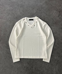 <FREEサイズ / ユニセックス>リブ編みニットソー ポイントスタッズ Vネックニット 長袖