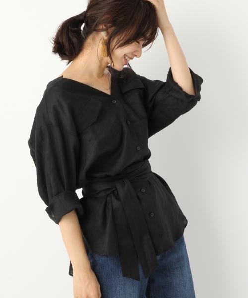 A part by（アパートバイ）の「リネンVチュニックシャツ7S 766271 （シャツ/ブラウス・レディース・ブラック/ダークオレンジ/ホワイト・FREE）」の2枚目の写真