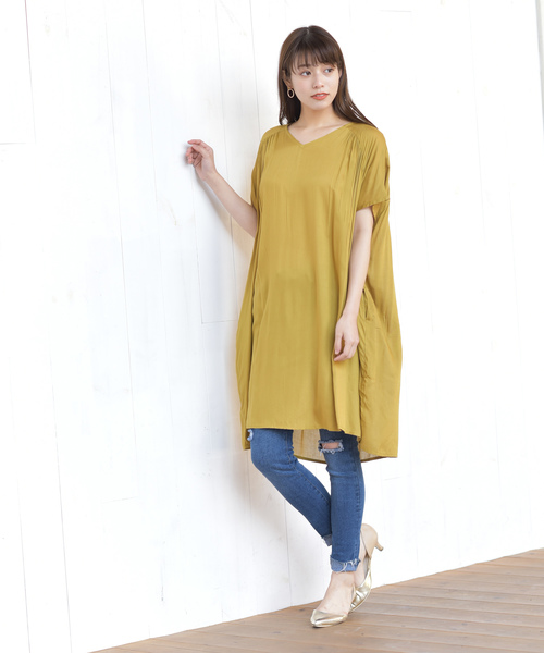 rps（アールピーエス）の「レーヨンＶネック半袖ワンピース（ワンピース・レディース・チャコールグレー/ブラック/ブルー/グリーン/ダークベージュ/グレー/ブラック系その他2/マスタード・M）」の11枚目の写真