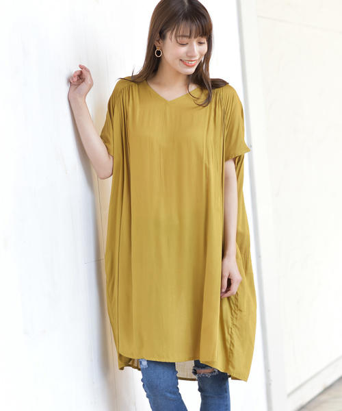 rps（アールピーエス）の「レーヨンＶネック半袖ワンピース（ワンピース・レディース・チャコールグレー/ブラック/ブルー/グリーン/ダークベージュ/グレー/ブラック系その他2/マスタード・M）」の12枚目の写真