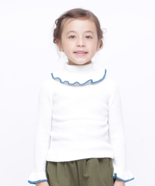 RUGGEDWORKS（ラゲッドワークス）の「【親子お揃い】フリルタートルネック無地（ニット/セーター・キッズ・ブラック/グレー/オフホワイト/イエロー/ローズ/ブルーグリーン・90cm/110cm/100cm/120cm/130cm/140cm/150cm）」の2枚目の写真