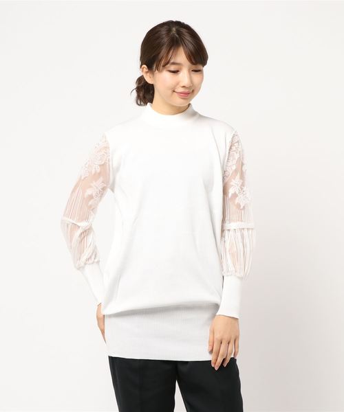 KOBE LETTUCE（コウベレタス）の「袖レース切り替えハイネックニットチュニック＊レディース/トップス[C3516]神戸レタス（チュニック・レディース・ブラック/グレー/オフホワイト・FREE）」の2枚目の写真