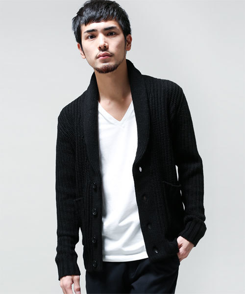 NANO universe（ナノユニバース）の「AKM×nano・universe/ Shawl-CollarCardigan（カーディガン/ボレロ・メンズ・ブラック/ダークグレー/ライトグレー/ダークブラウン/ベージュ/ダークグリーン/ブルー/ネイビー・SMALL/MEDIUM/LARGE/X-LARGE）」の2枚目の写真