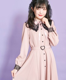 Secret Honey バイカラー ツイード 長袖 ワンピース ピンク Secret Honey - Secret Honey バイカラー ツイード 長袖