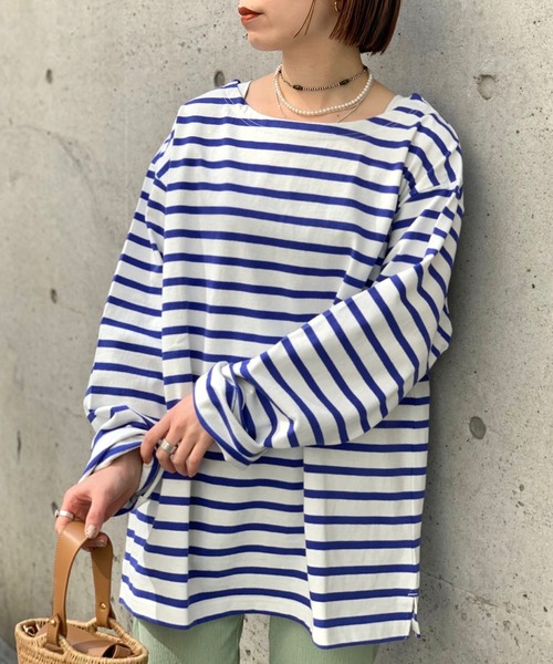 CIAOPANIC（チャオパニック）の「【ユニセックスで着用可能!!】バスクボーダーロングスリーブTシャツ（Tシャツ/カットソー・メンズ・グリーン/ネイビー/パープル・FREE）」の3枚目の写真