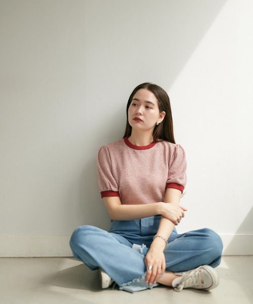 TINA：JOJUN（ティーナジョジュン）の「ラーベン編み半袖ニット TINA：JOJUN（ニット/セーター・レディース・レッド/グリーン/ネイビー/チェリーピンク/ブラウン・M）」の12枚目の写真