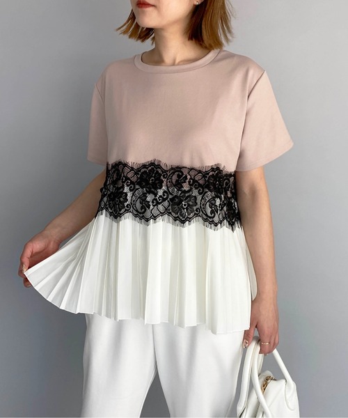 PICCIN(ピッチン)の「レース切替プリーツプルオーバー(Tシャツ/カットソー・レディース・ブラック/オフホワイト/ピンク・M/L)」の1枚目の写真