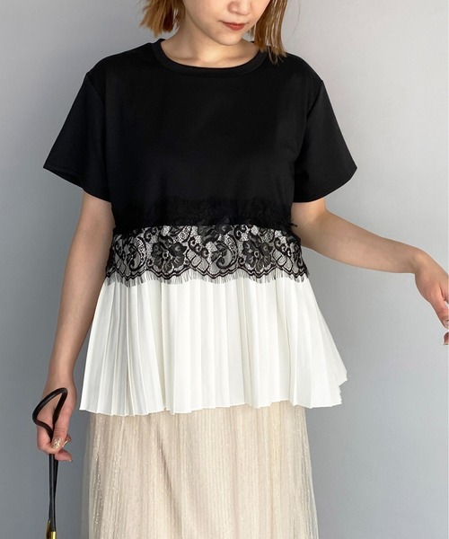 PICCIN(ピッチン)の「レース切替プリーツプルオーバー(Tシャツ/カットソー・レディース・ブラック/オフホワイト/ピンク・M/L)」の3枚目の写真