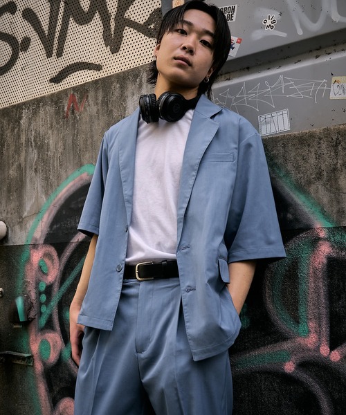 PUBLUX（パブリュクス）の「【PUBLUX/パブリュクス×ベルエポック】セットアップ ショートスリーブテーラードジャケット&センタープレスワイドスラックス（セットアップ・メンズ・ブラック/サックスブルー/ブラウン・SMALL/MEDIUM/LARGE）」の4枚目の写真