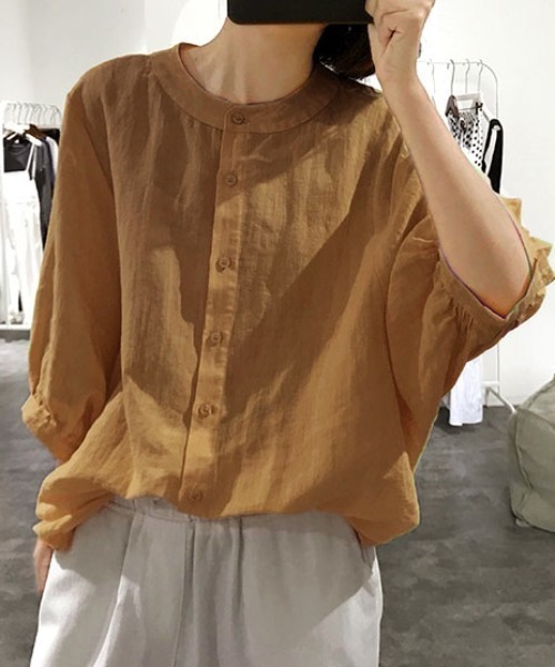 ABITOKYO（アビトーキョー）の「麻ライク五分袖ドルマンシャツブラウス（シャツ/ブラウス・レディース・ホワイト/ブラック/ブルー/イエロー/ピンク/オレンジ/カーキ/グレー/ネイビー/ブラウン/グリーン・FREE）」の4枚目の写真